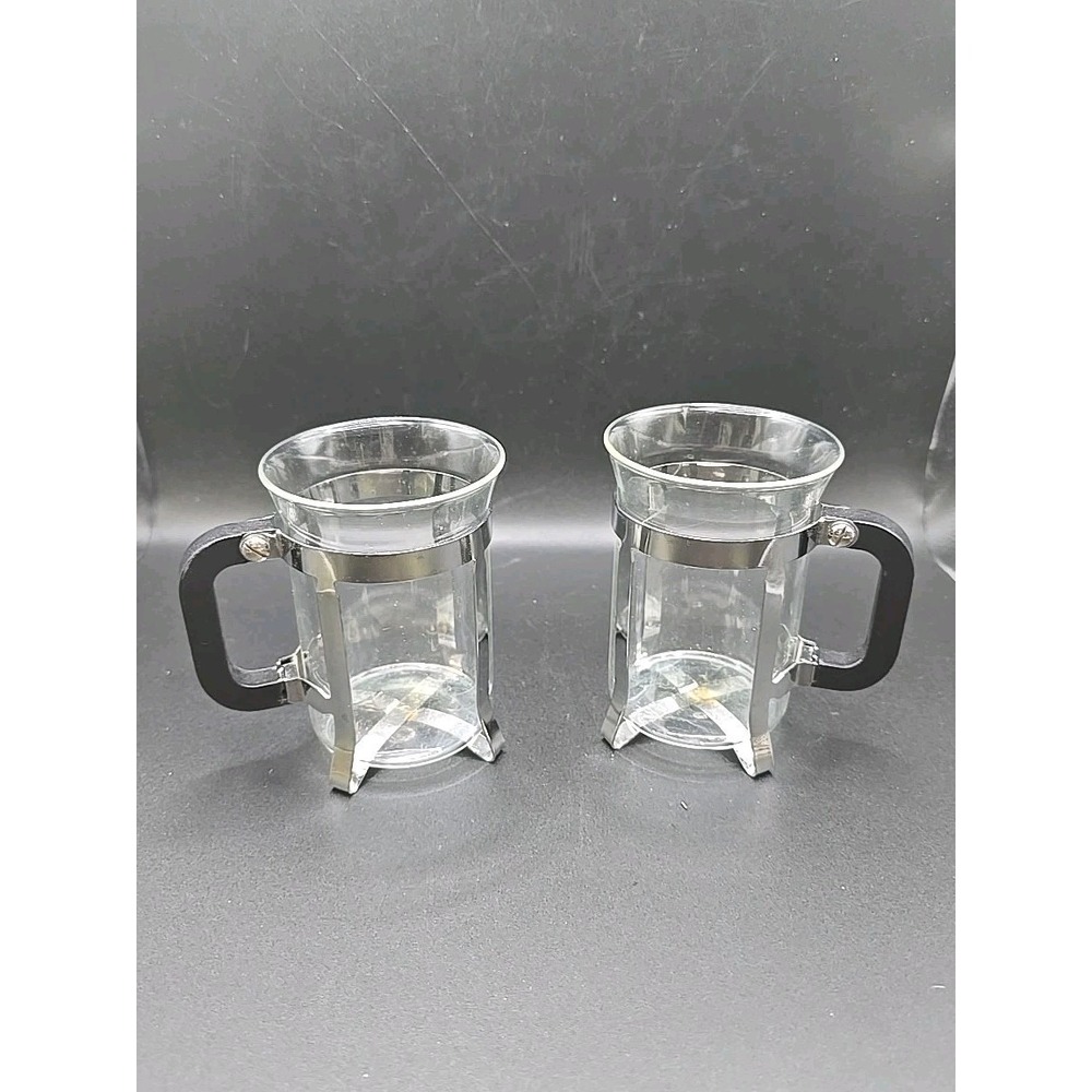 Pair of 2  Vtg BODUM Bistro Chambord Glass Mugs Stainless Steel Black Handles